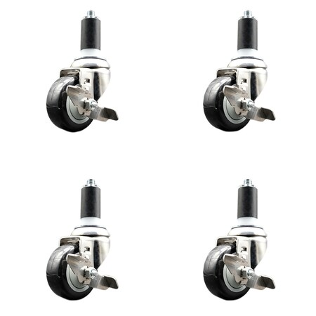 Service Caster 3 Inch 316SS Black Poly Swivel 1-3/8 Inch Expanding Stem Caster Set Brake SCC SCC-SS316EX20S314-PPUB-BLK-TLB-138-4